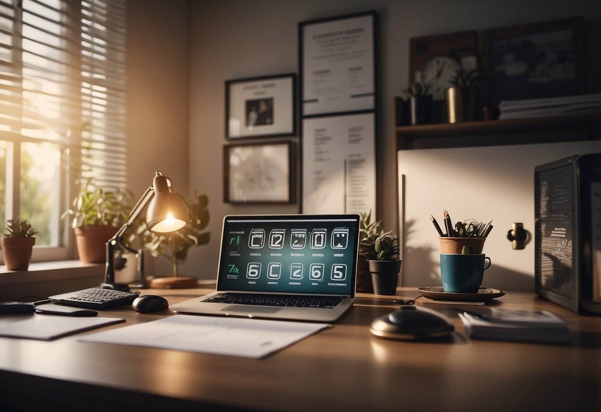 A home office with a clock showing set work hours, a separate workspace from family areas, organized desk, closed door, and designated work hours sign