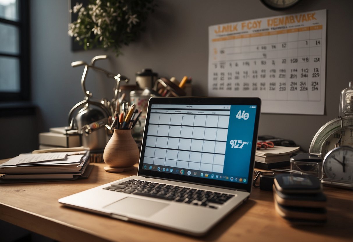 A cluttered desk with a laptop, children's toys, and a calendar. A clock on the wall shows 9:00. A whiteboard with schedules and reminders