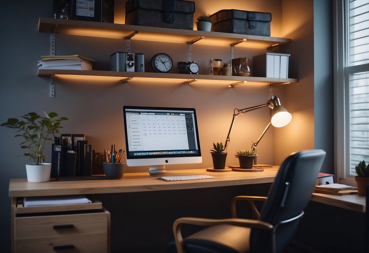 A clutter-free desk with a laptop, notebook, and pens. Bright lighting and a comfortable chair. Shelves with organized supplies and a calendar on the wall