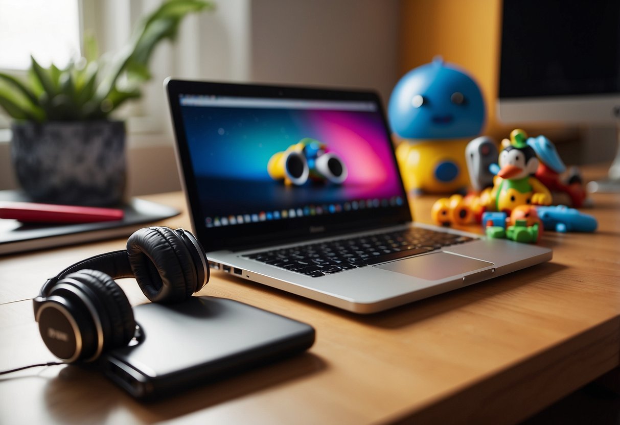 A child's toys scattered on a desk, while a pair of noise-canceling headphones sit nearby. A laptop and work materials are visible in the background