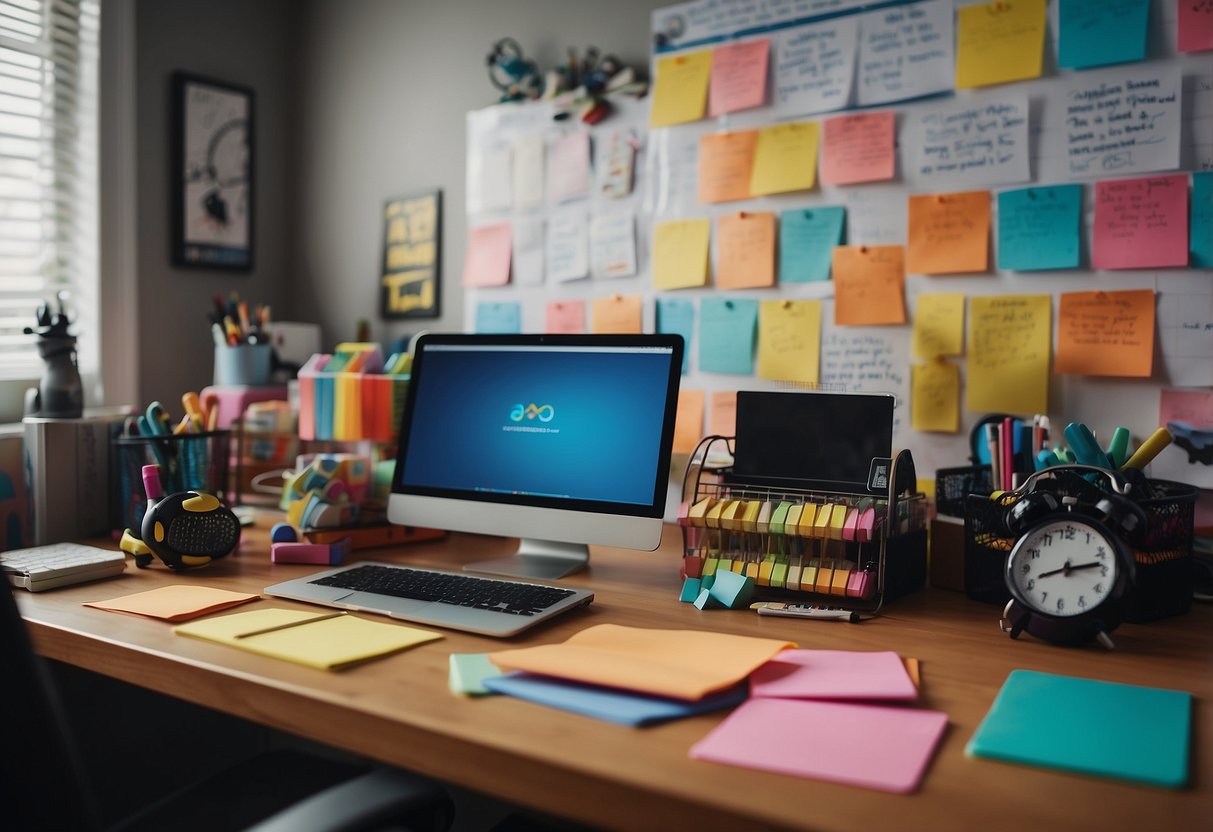 A cluttered desk with a laptop, children's toys, and work supplies. A clock on the wall shows a busy schedule. A whiteboard with a daily routine and colorful sticky notes