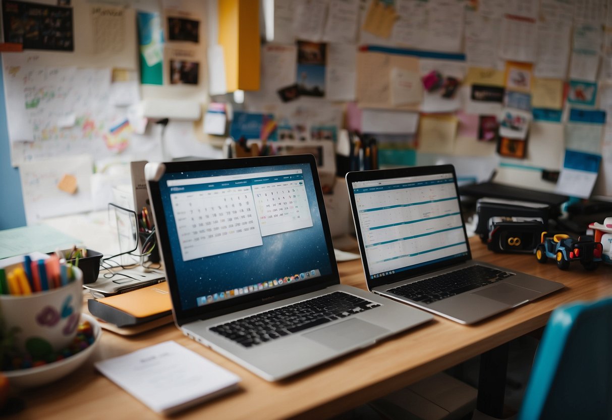 A cluttered home office with kids' toys scattered on the floor, a laptop on a desk, a whiteboard with schedules, and a family calendar on the wall