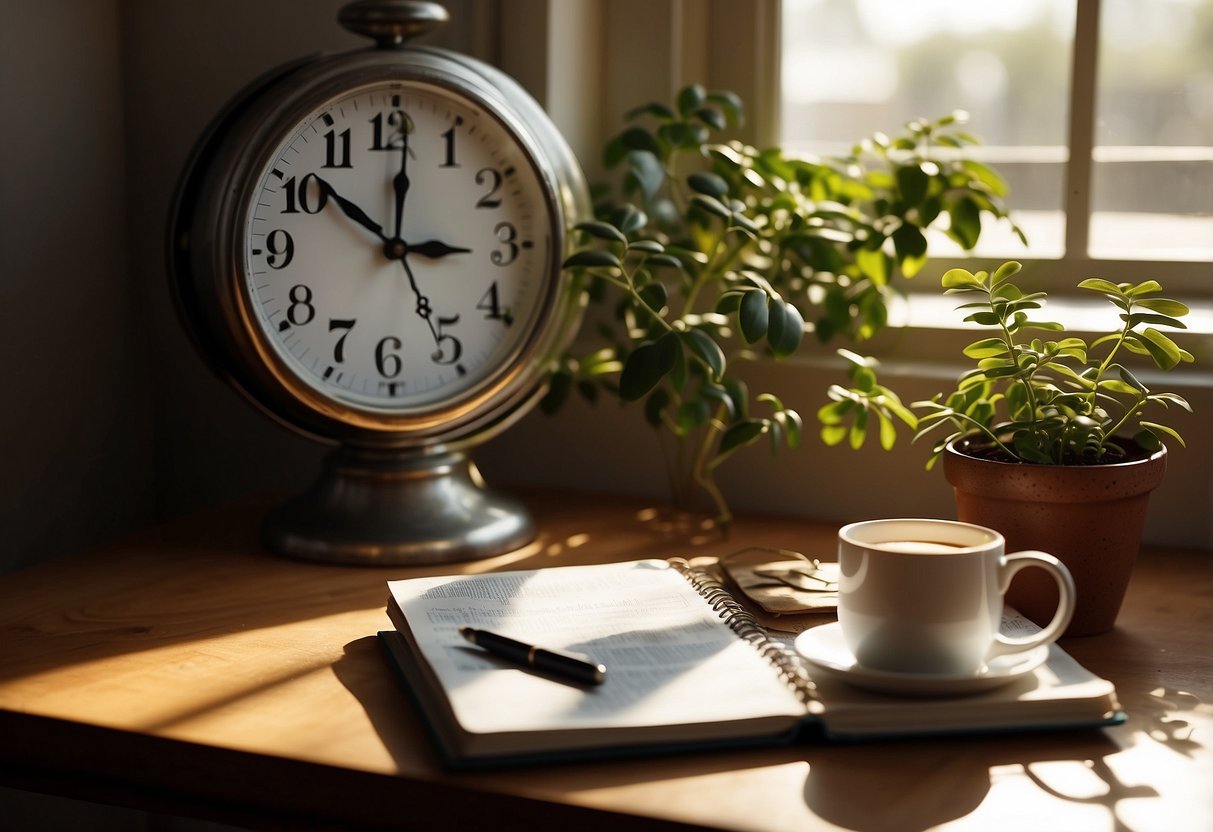 A cluttered desk with a laptop, coffee mug, and scattered papers. A clock on the wall shows late afternoon. Sunlight streams in through a window. A neglected plant sits on the windowsill