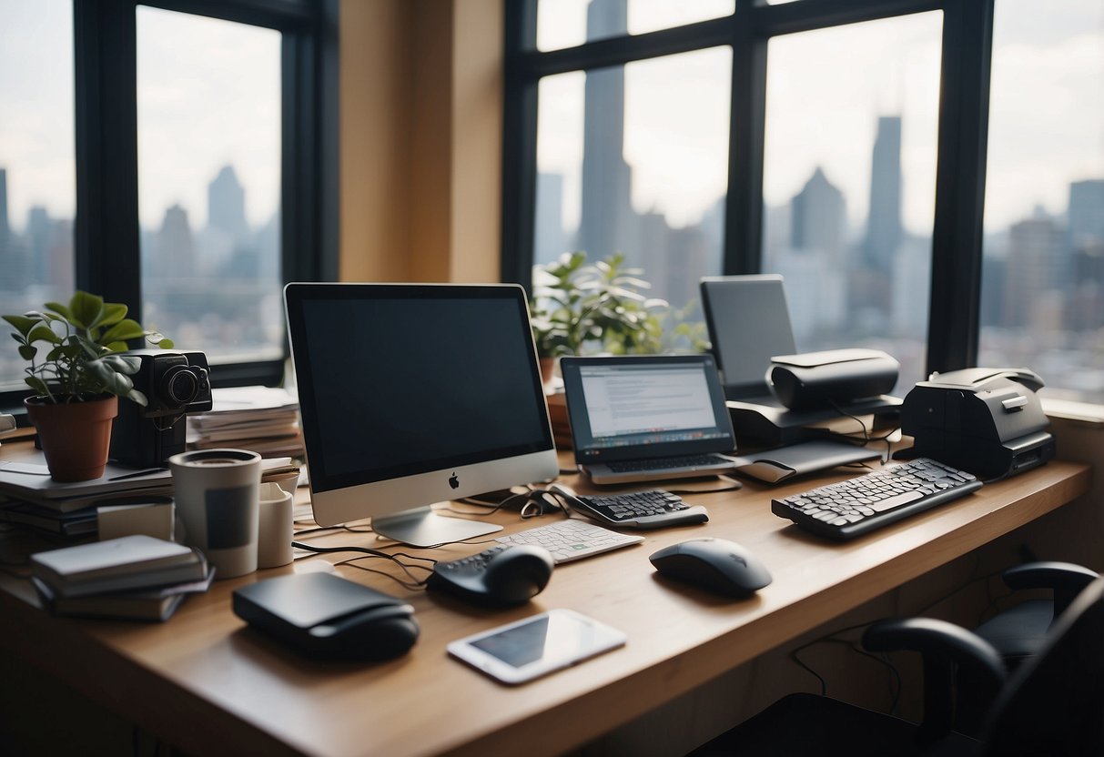 A cluttered desk with multiple electronic devices, unfinished tasks, and scattered papers. Outside the window, there are noisy neighbors and passing vehicles