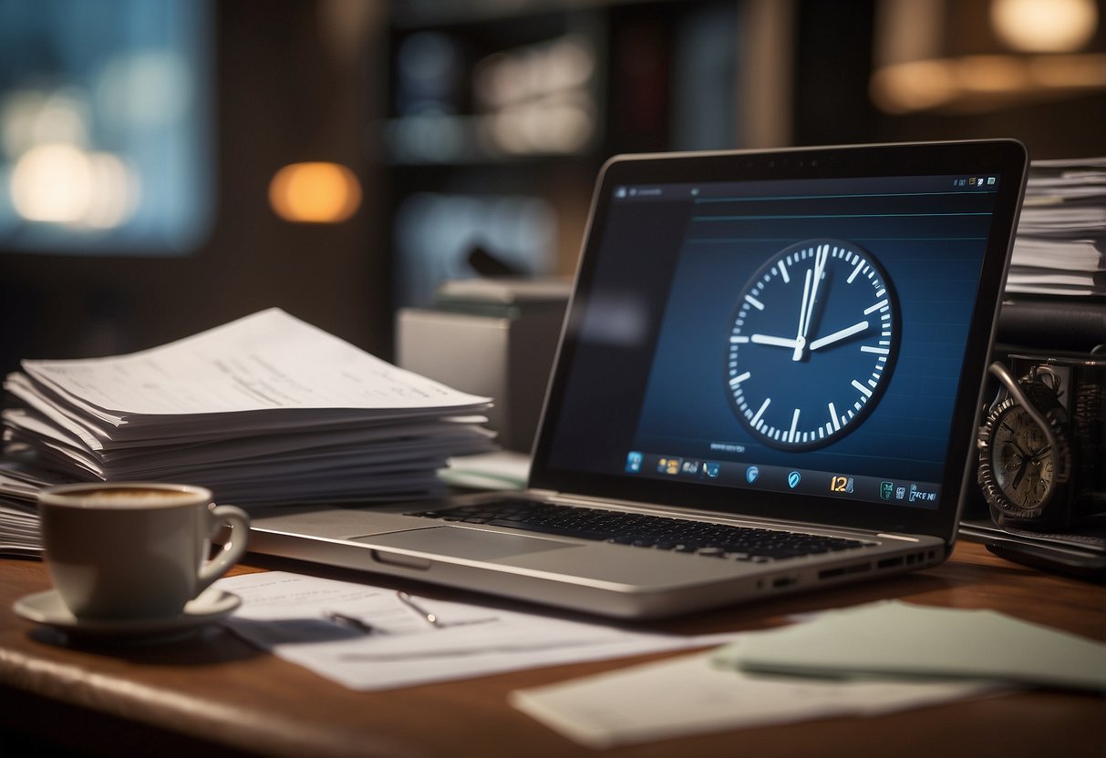 A cluttered desk with a laptop, scattered papers, and a clock showing late hours. Empty coffee cups and a dimly lit room suggest prolonged work-from-home hours