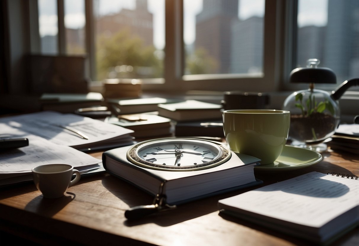 A cluttered desk with scattered papers, empty coffee cups, and a neglected planner. The clock shows late afternoon, and the window reveals a darkening sky. The disarray reflects a lack of focus and motivation in the work-from-home routine