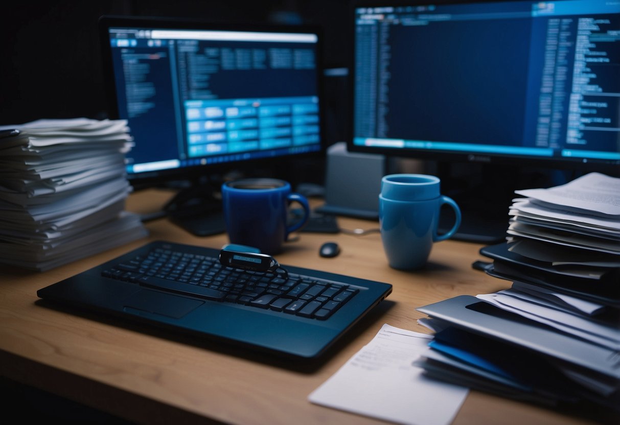 A cluttered desk with a slouched chair, a tense posture, and a grimace. A laptop screen emitting harsh blue light, surrounded by scattered papers and empty coffee cups