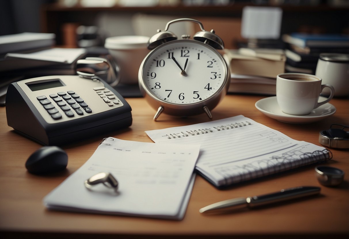 A cluttered desk with unfinished tasks, a clock showing late hours, an untouched to-do list, an empty coffee cup, and a disorganized workspace