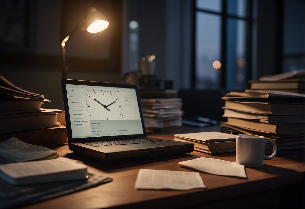 A cluttered desk with a laptop and scattered papers. A clock on the wall shows late evening. A half-empty coffee mug sits next to a pile of unread books. The room is dimly lit, with a sense of imbalance