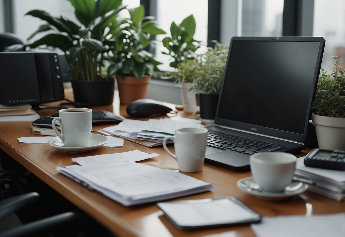 A cluttered desk with scattered papers, empty coffee cups, and a neglected plant. A person slumped in their chair, staring at a computer screen with a look of exhaustion