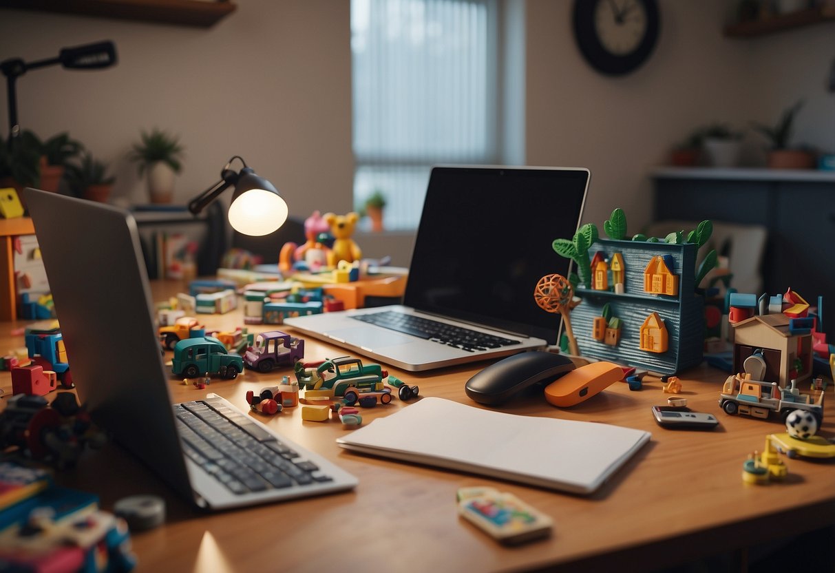 A cluttered home office with toys scattered around. A parent multitasks, juggling work and attending to children's needs. A laptop, paperwork, and a child's drawing on the desk