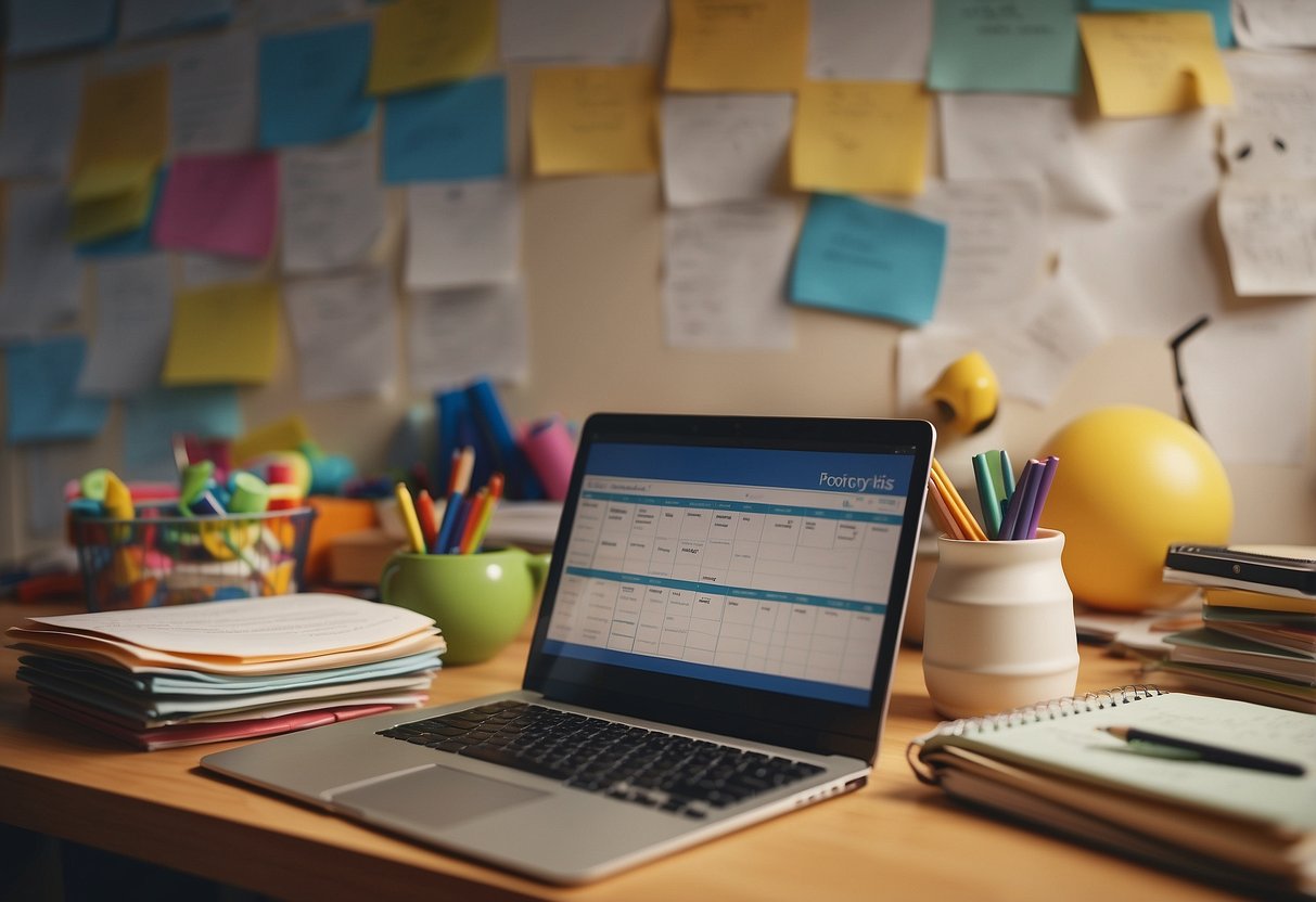 A cluttered desk with a laptop, scattered toys, and a calendar. A child's drawing on the wall, and a stack of papers labeled "work priorities."