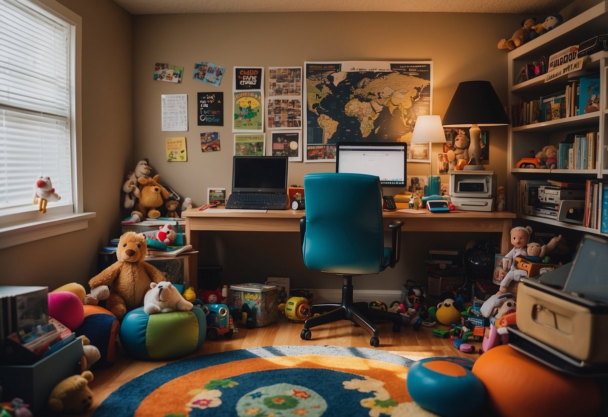 A cluttered home office with toys scattered on the floor, a laptop open on the desk, and a child's artwork pinned to the wall. Outside, the sound of kids playing can be heard, creating a sense of chaos and distraction