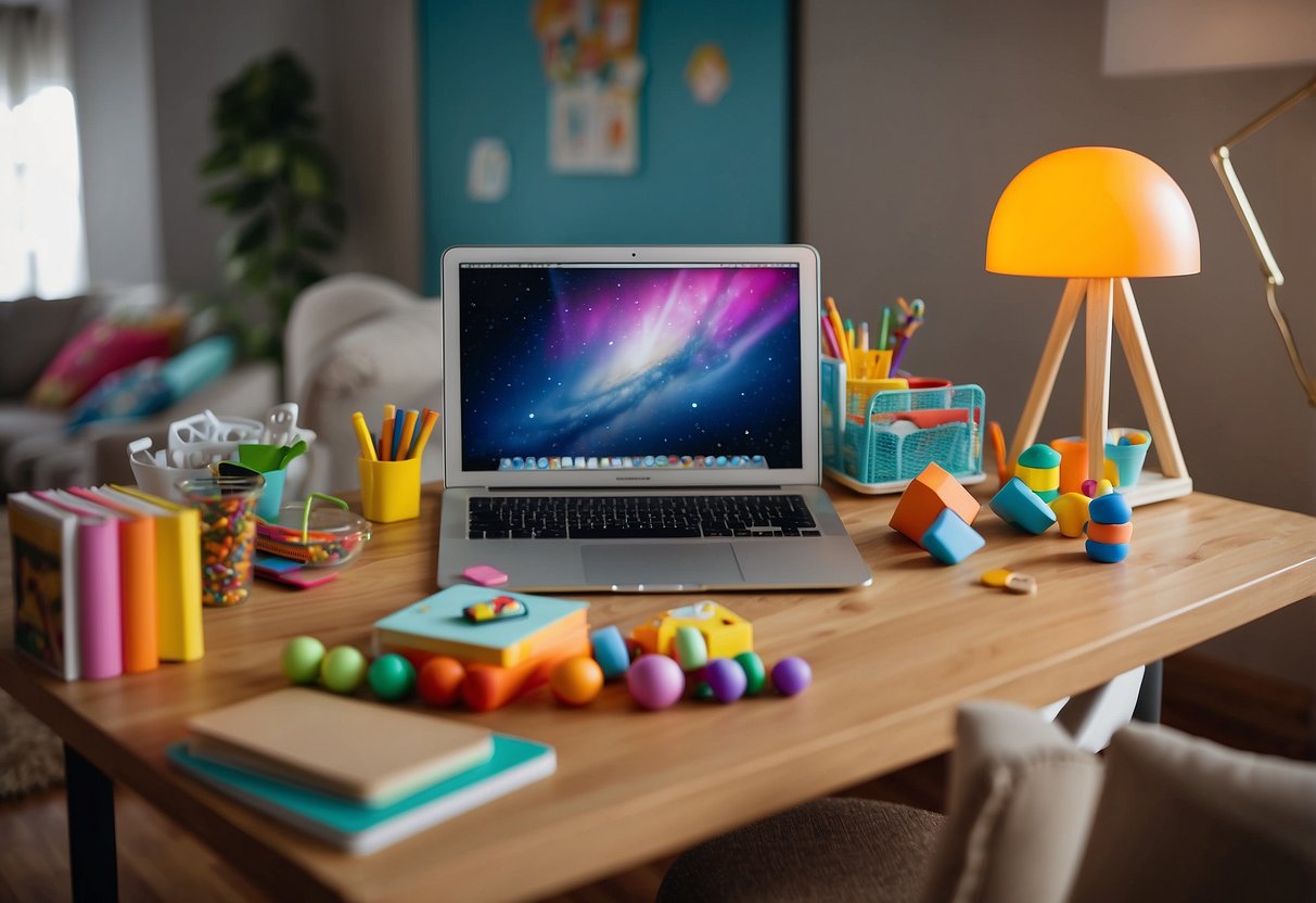 A cozy home office with colorful decor, toys neatly organized, a designated play area, and child-friendly furniture. A laptop and work materials are easily accessible, and there is a clear separation between the workspace and play area