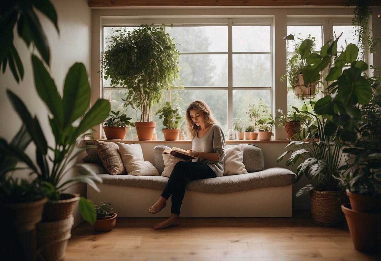 A serene parent sitting in a cozy nook, surrounded by plants, sipping tea, reading a book, and practicing deep breathing