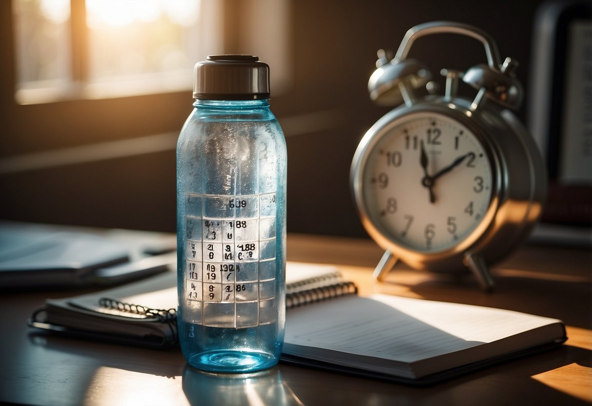 A water bottle sits on a desk, surrounded by a calendar, to-do list, and a clock. Sunlight streams in through a window, illuminating the scene