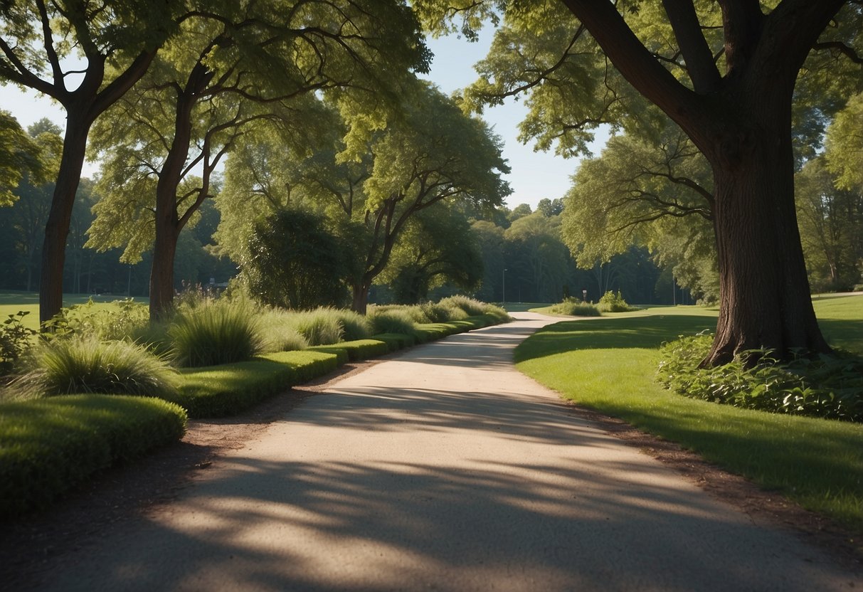 A serene park path with greenery and a clear blue sky, inviting for a peaceful stroll