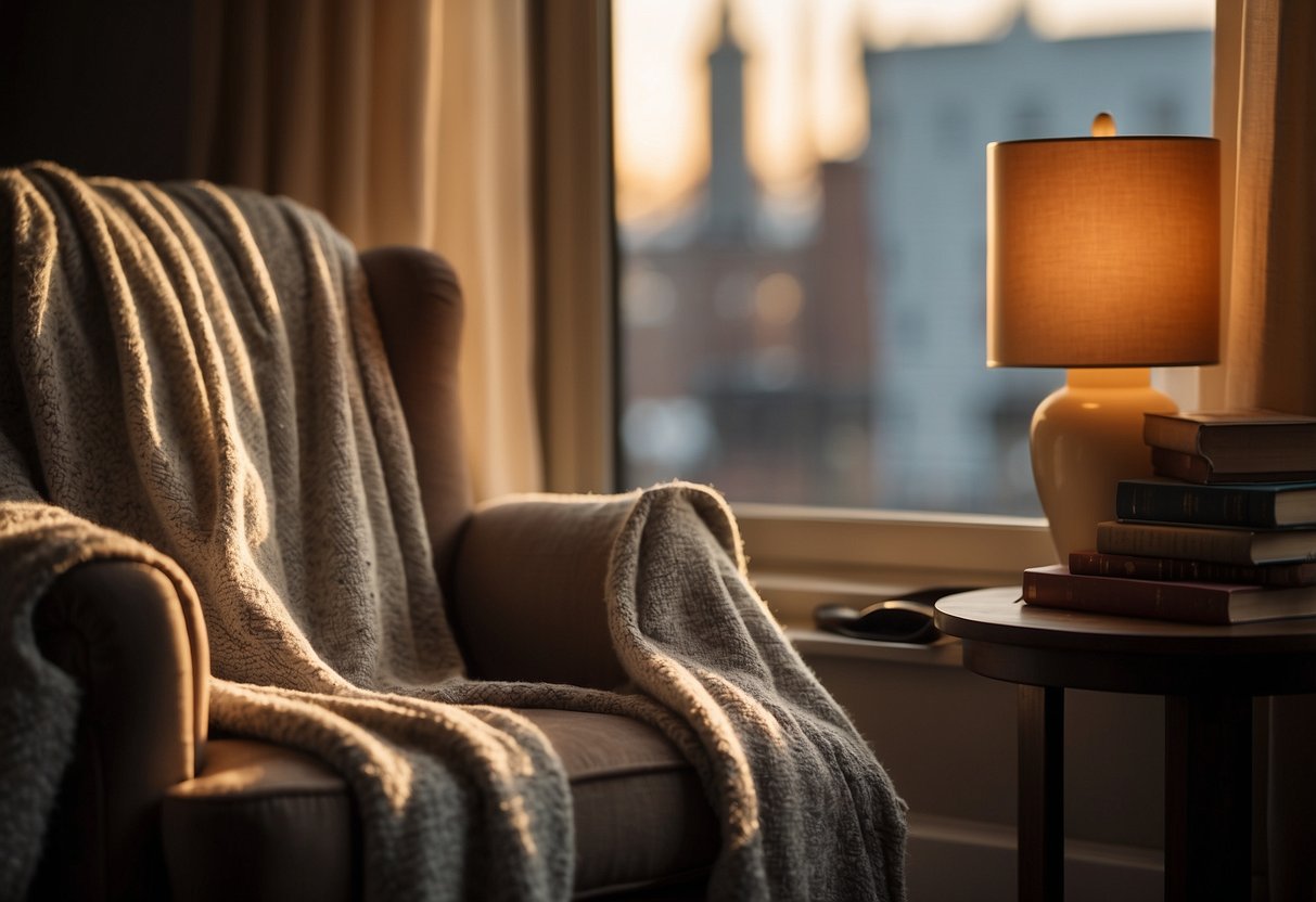 A cozy armchair by a window, with a warm blanket, a cup of tea, and a stack of books on a side table. The soft glow of a reading lamp illuminates the scene