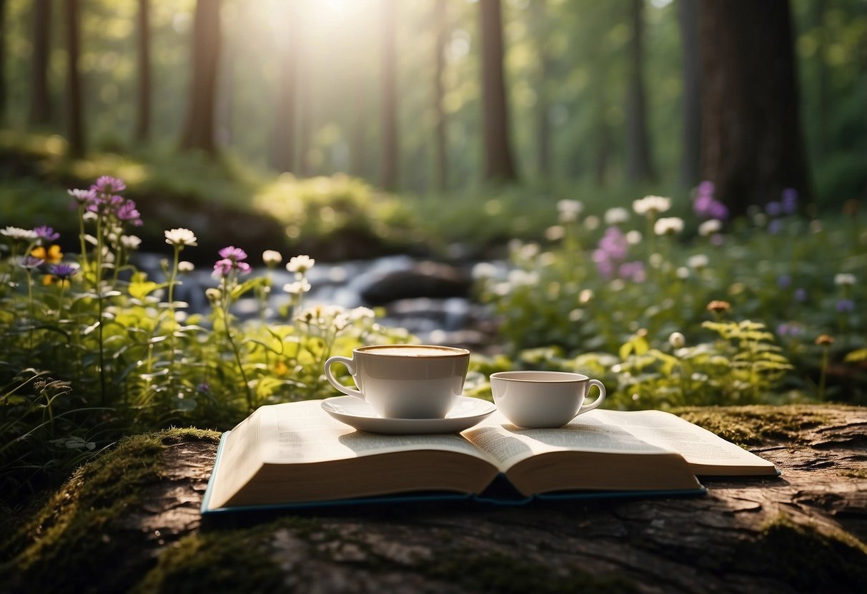 A serene forest clearing with a small stream, surrounded by tall trees and colorful wildflowers. A picnic blanket is spread out with a book, journal, and a steaming cup of tea