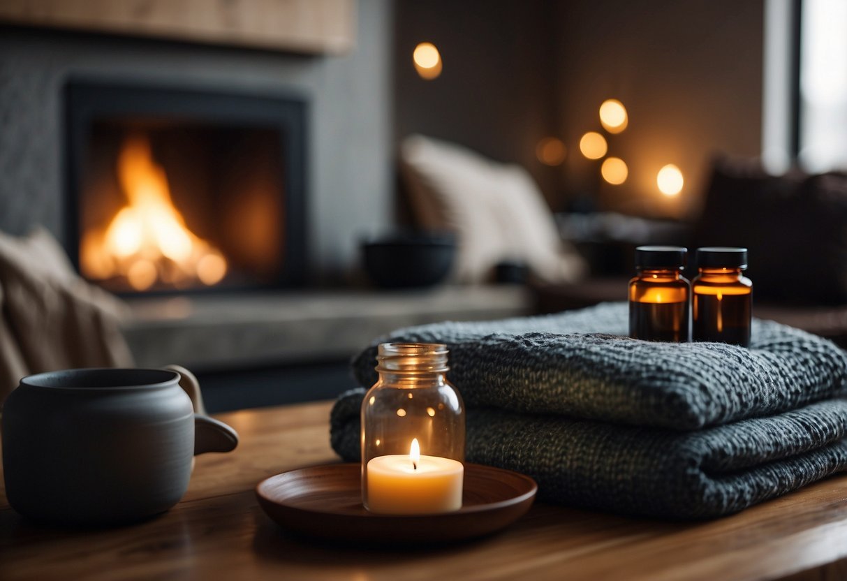 A cozy living room with a warm fireplace, soft blankets, and a pile of books. A cup of tea sits on the coffee table, surrounded by a scattering of calming essential oils and a yoga mat in the corner