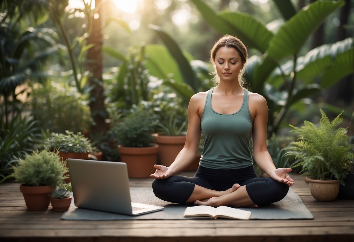 A serene outdoor setting with a person practicing yoga, surrounded by plants and natural elements, with a journal and healthy snacks nearby