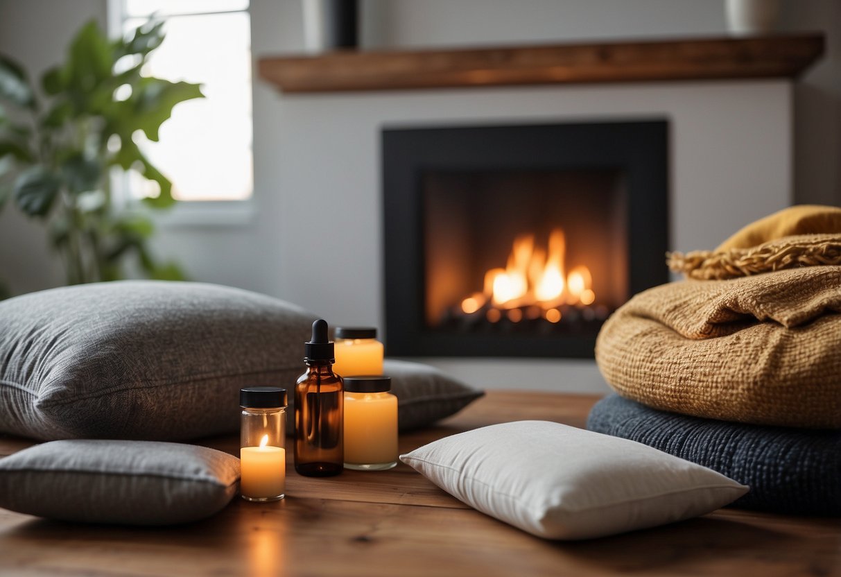 A cozy living room with a warm fireplace, a comfortable sofa, and a pile of books. A yoga mat and a meditation cushion are nearby, and a soothing essential oil diffuser fills the air with a calming aroma