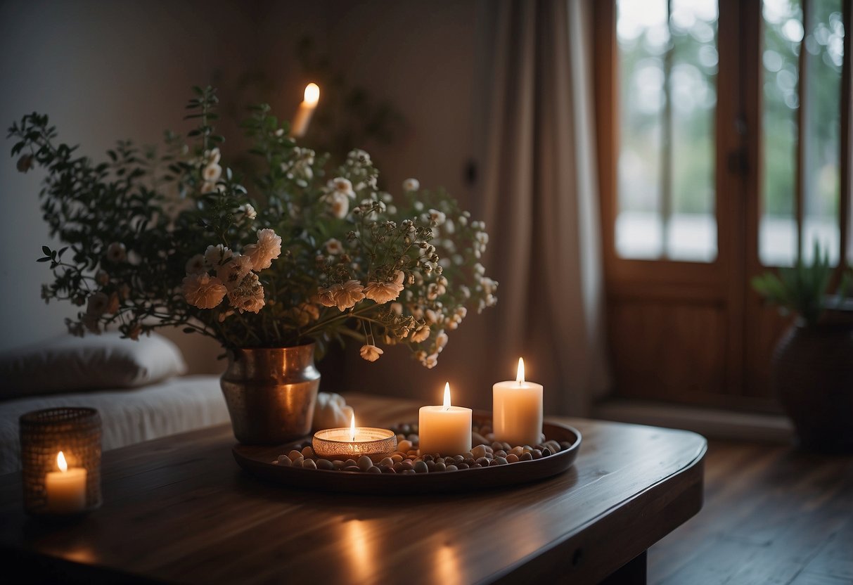 A serene room with soft lighting, a comfortable cushion on the floor, and a small table with a candle and incense. A peaceful atmosphere with calming colors and nature-inspired decor