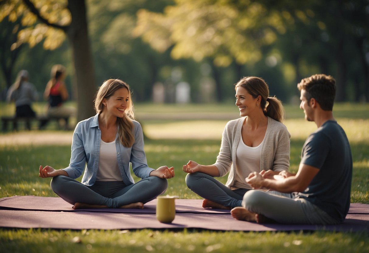 A family sitting together, doing yoga, reading, and cooking healthy meals. They are also going for a walk, playing games, and having a picnic in the park