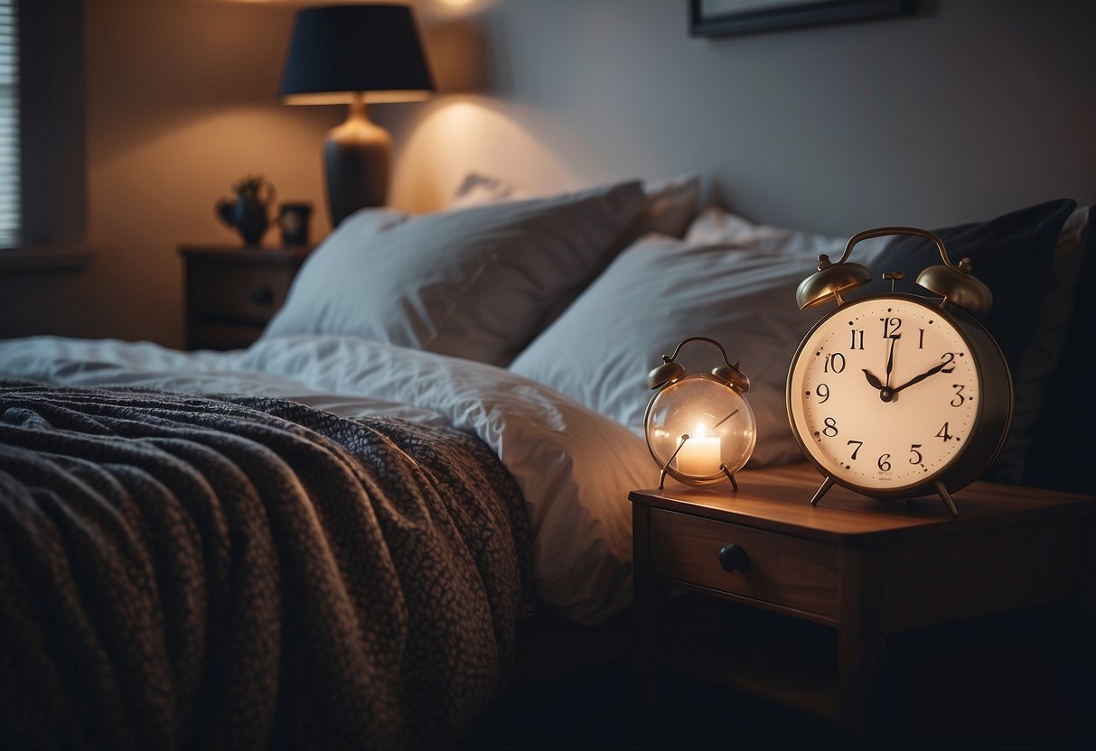 A cozy bed with a soft, inviting mattress and fluffy pillows, surrounded by calming decor and dim lighting. A clock on the nightstand shows the time, emphasizing the importance of quality sleep