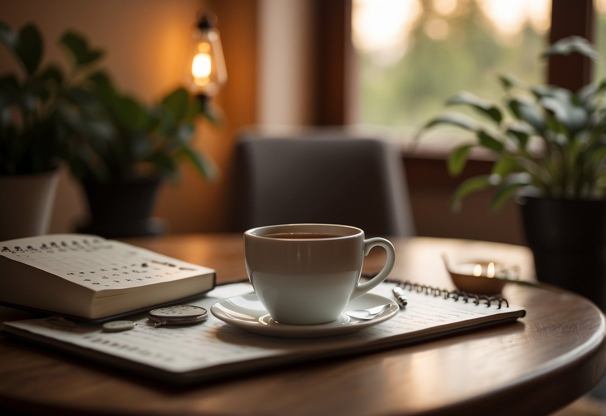 A serene setting with a calendar, a cozy chair, and a cup of tea. A warm, inviting atmosphere with soft lighting and a peaceful ambiance, creating a sense of relaxation and self-care