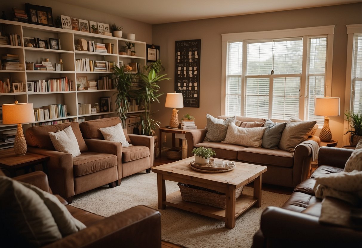 A cozy living room with a warm, inviting atmosphere. A family calendar hangs on the wall, surrounded by plants and comfortable seating. A bookshelf filled with self-care books and a basket of family board games sit nearby