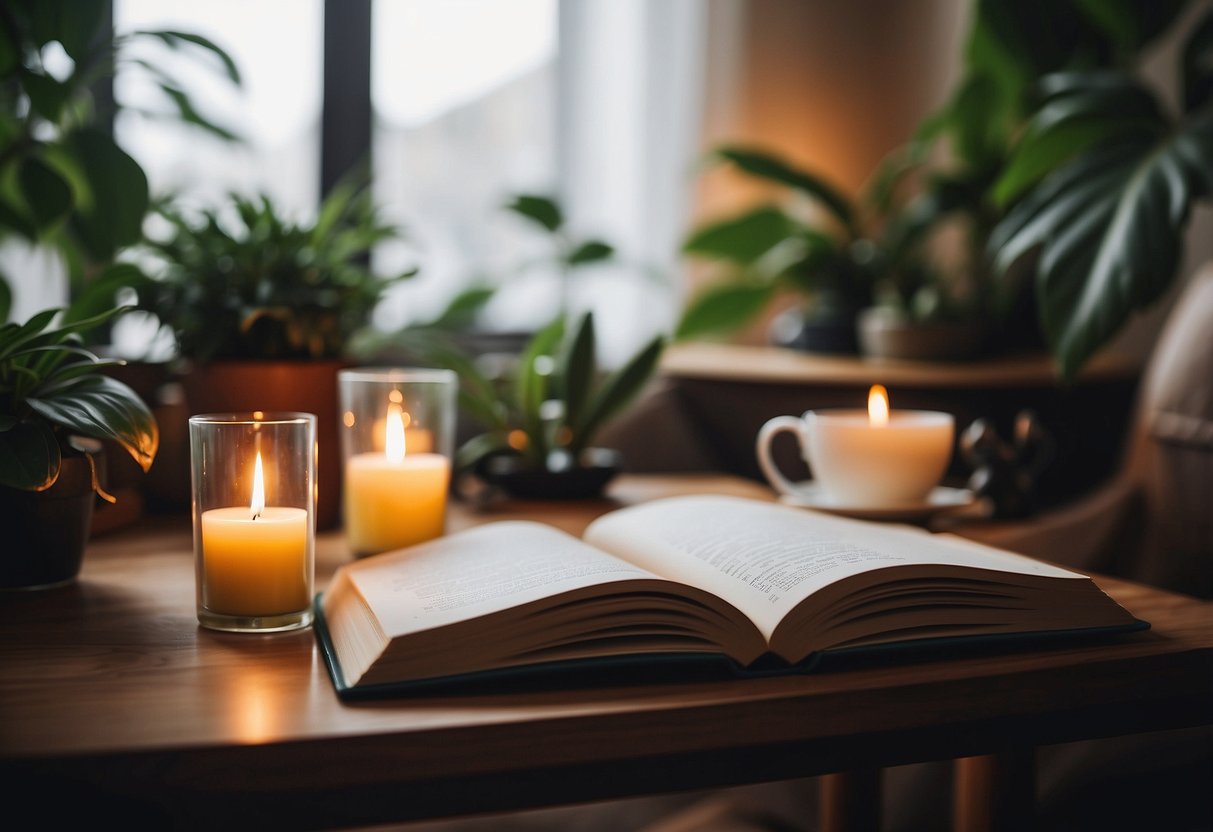 A cozy living room with a book, a cup of tea, a yoga mat, a journal, and a soothing candle, surrounded by plants and soft lighting