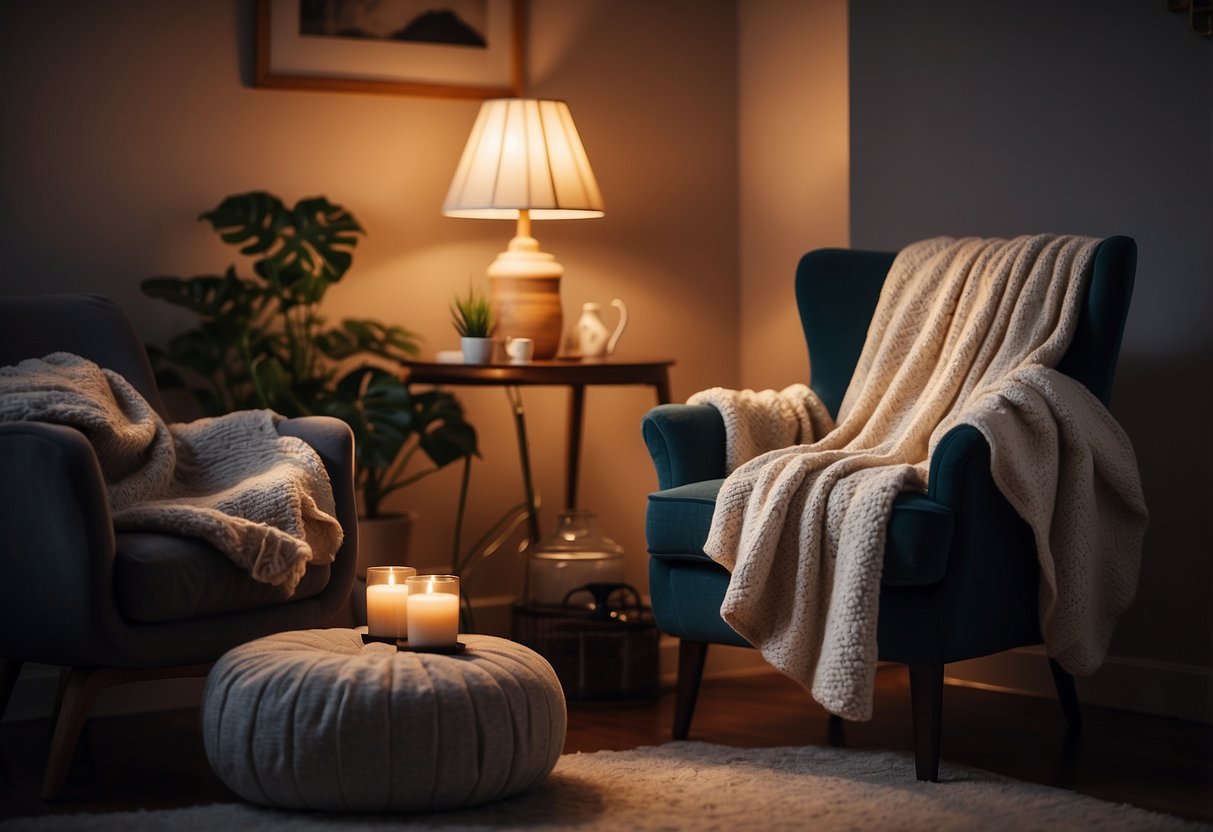 A cozy living room with a warm, glowing lamp, a comfortable armchair, a steaming cup of tea, a journal, and a soft blanket draped over the back of the chair