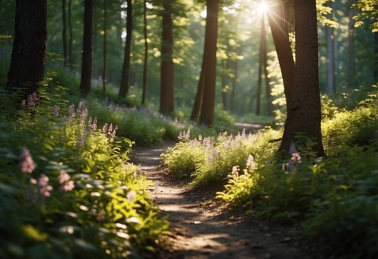 A serene forest path with dappled sunlight filtering through the trees, a babbling brook, and colorful wildflowers lining the trail