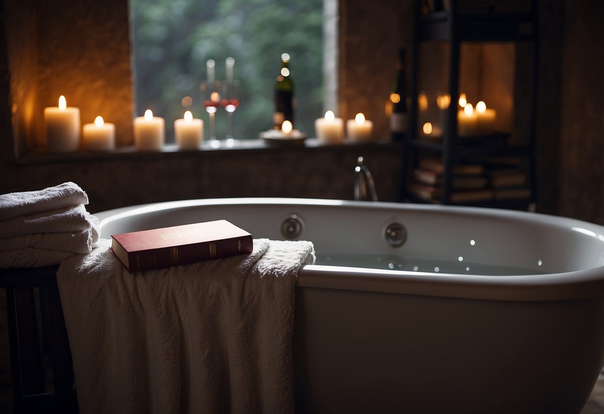 A tranquil bath with candles, bubbles, and a book on the edge of the tub. A plush towel and robe hang nearby. A glass of wine sits next to the tub