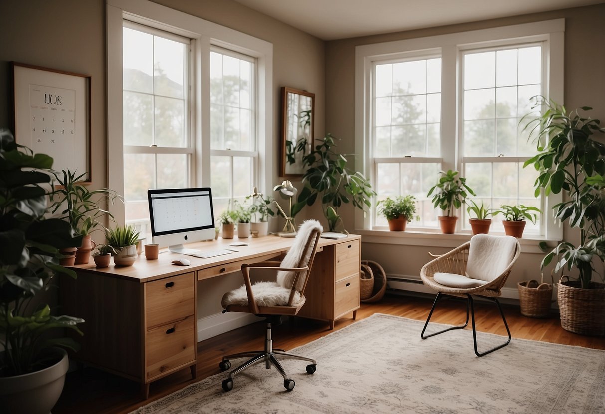 A cozy home office with a desk, plants, and natural light. A calendar with family events. A comfortable chair and a soothing color palette