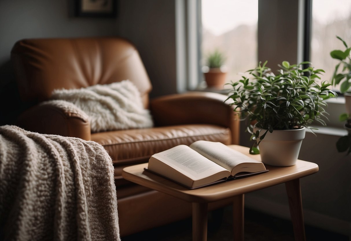 A cozy room with soft lighting, a comfy chair, a warm cup of tea, a journal, a soothing playlist, a potted plant, and a fuzzy blanket