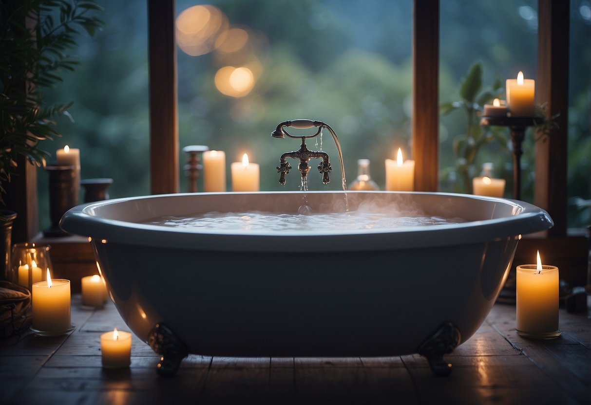 A serene bathtub filled with steaming water, surrounded by flickering candles and fragrant bath salts, creating a peaceful and inviting atmosphere for relaxation and rejuvenation