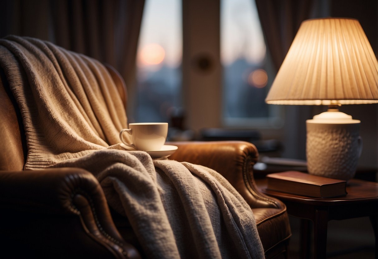 A cozy armchair with a soft blanket, a warm cup of tea, and a stack of books on a side table. A gentle light from a lamp illuminates the scene, creating a relaxing atmosphere for reading