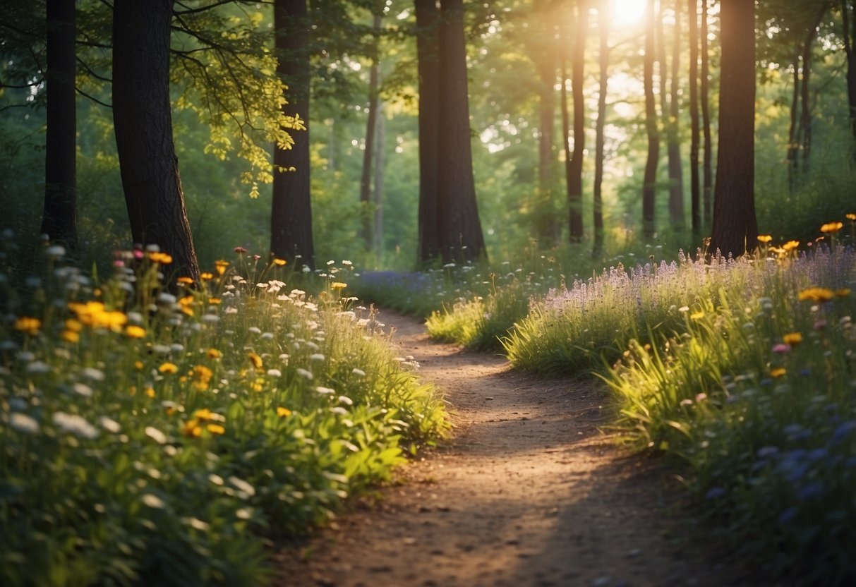 A serene forest path with sunlight filtering through the trees, birds chirping, and colorful wildflowers lining the trail