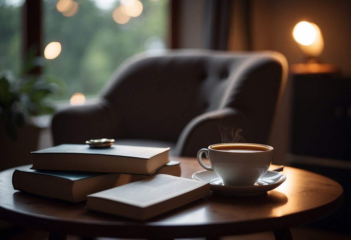 A serene atmosphere with soft lighting, a cozy chair, and a table with a cup of tea and a book. A speaker plays calming music in the background