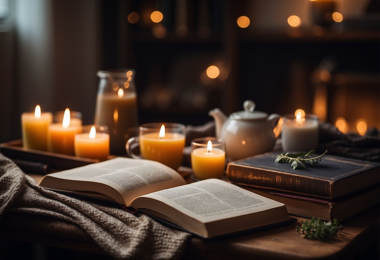 A cozy room with dim lighting, a warm bath with candles, a pile of books, a yoga mat, a journal, a cup of herbal tea, and a soft blanket