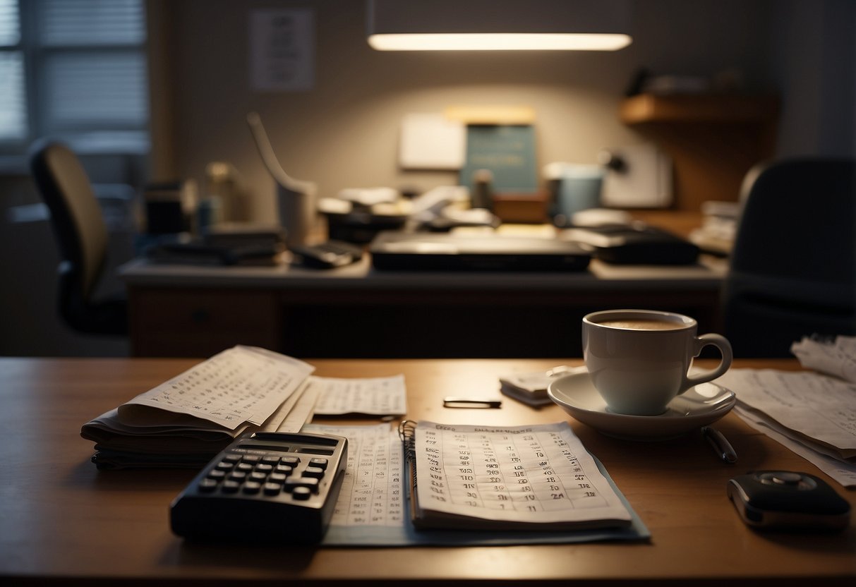 A dimly lit room with a cluttered desk, empty coffee cups, and a calendar marked with deadlines. A person slumped in a chair, surrounded by unfinished tasks