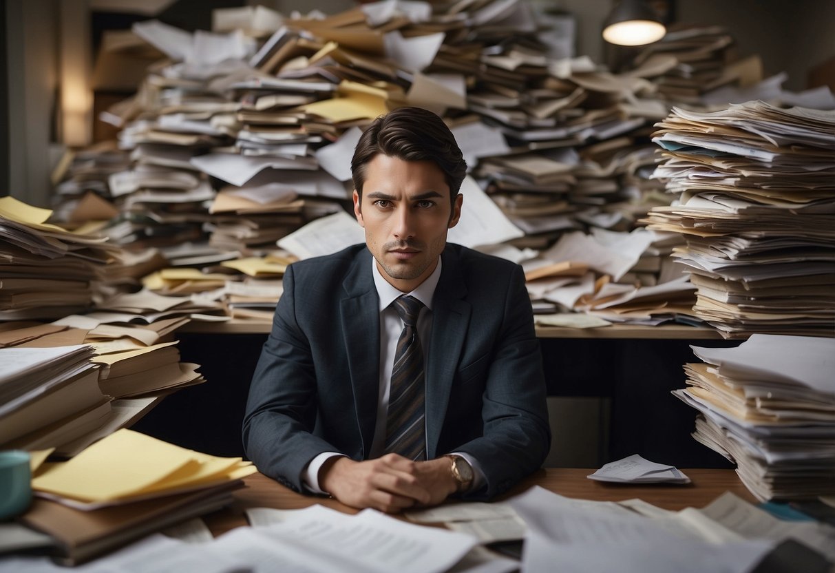 A cluttered desk with scattered papers and a distracted look on a person's face. The environment is chaotic, with a sense of overwhelm and lack of focus