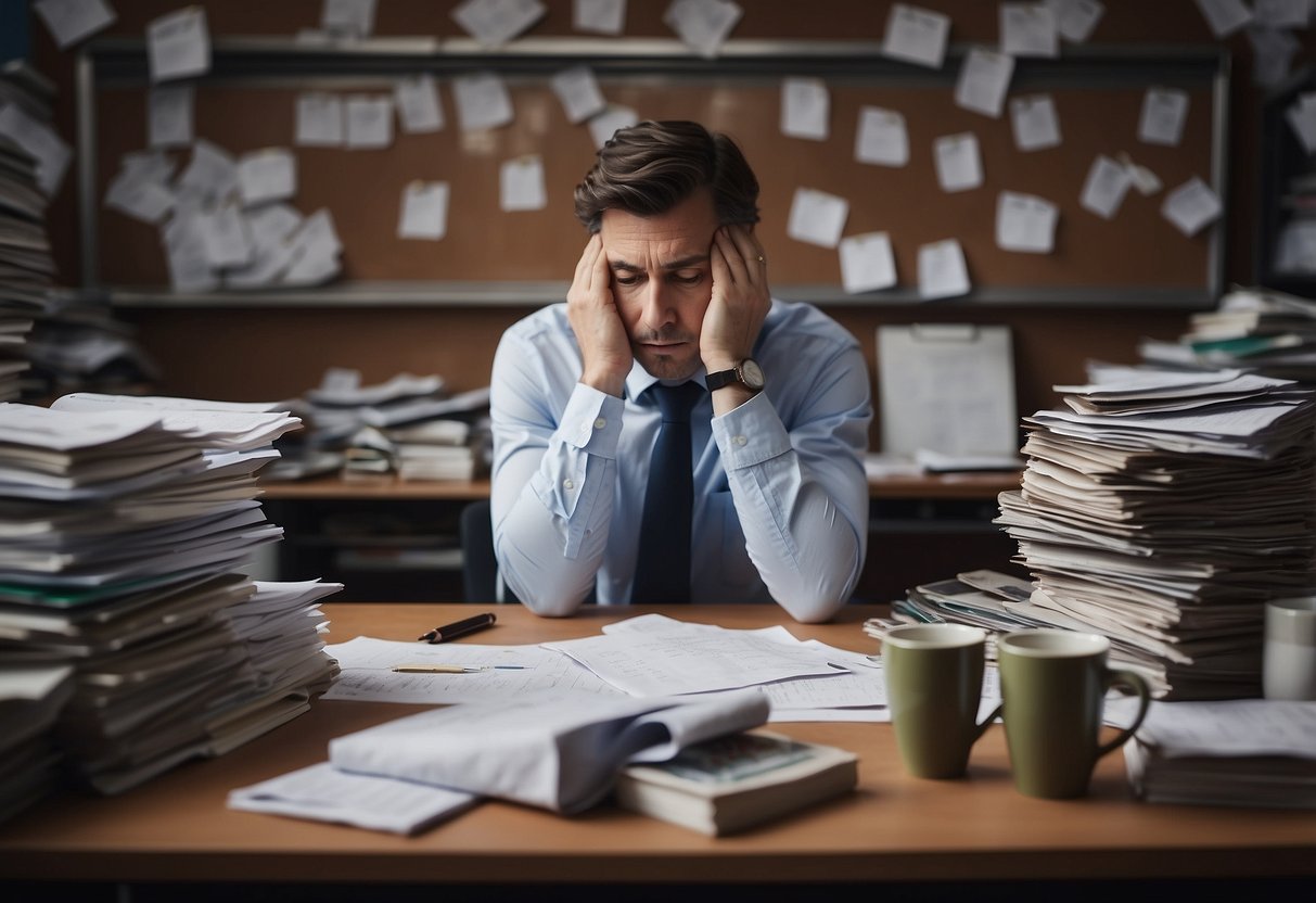 A person sitting at a cluttered desk with a furrowed brow, holding their head in discomfort, surrounded by empty coffee cups and a calendar filled with deadlines