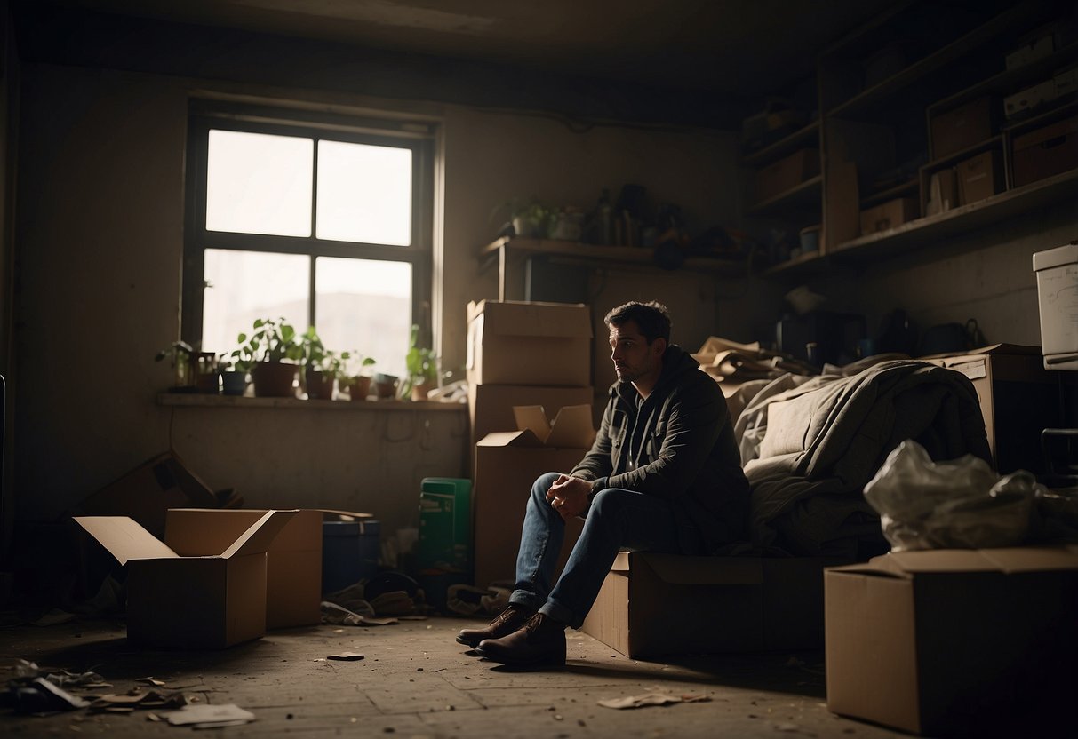 A figure sits alone in a dimly lit room, surrounded by clutter and neglect. Their expression is blank, their posture slumped. A neglected plant wilts in the corner, mirroring the figure's emotional detachment