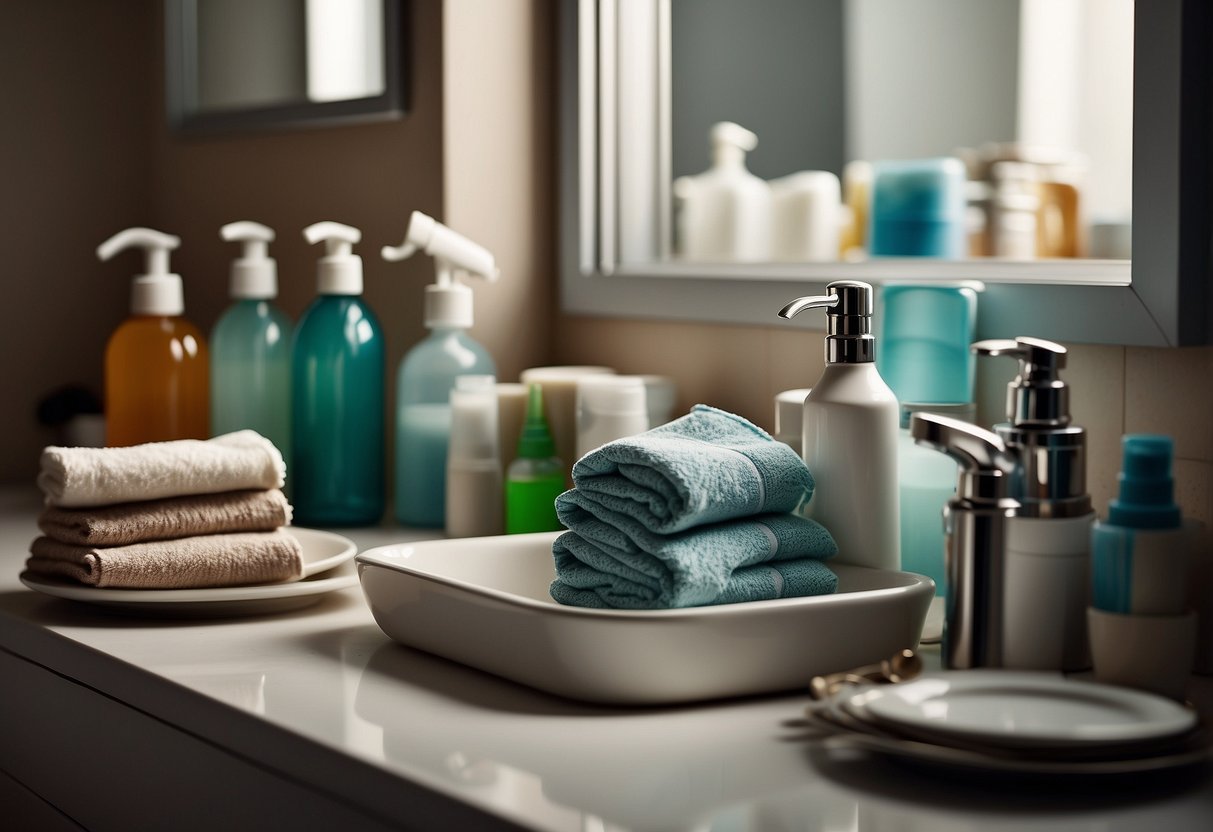 A cluttered bathroom with dirty towels, empty toiletry bottles, and a sink full of unwashed dishes and utensils