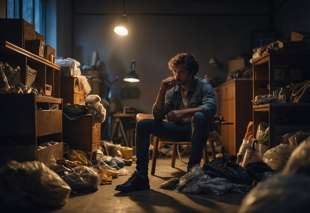 A person sitting alone in a dimly lit room, surrounded by clutter and neglecting personal hygiene. The individual avoids social interaction and appears disconnected from the world