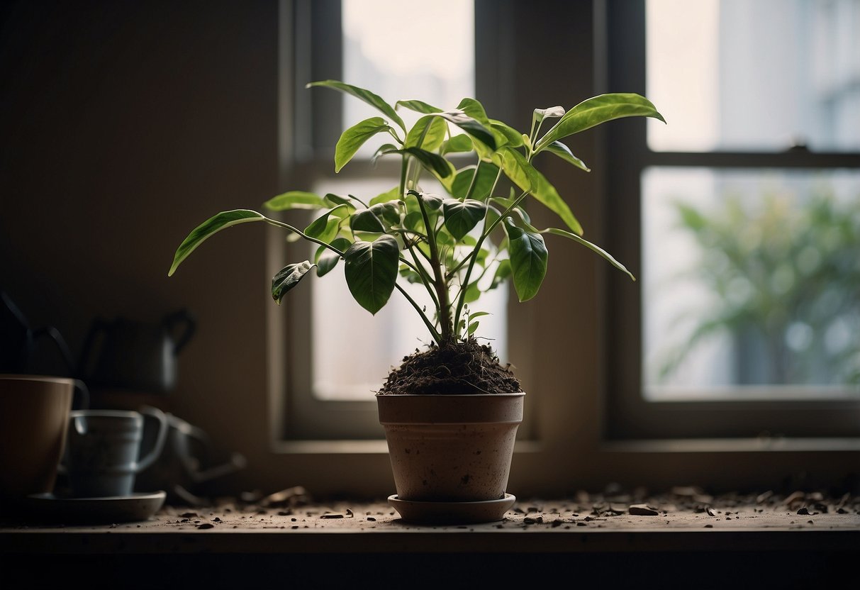 A neglected potted plant wilting in a dimly lit room, surrounded by clutter and dust. Its leaves are drooping, and the soil is dry and cracked