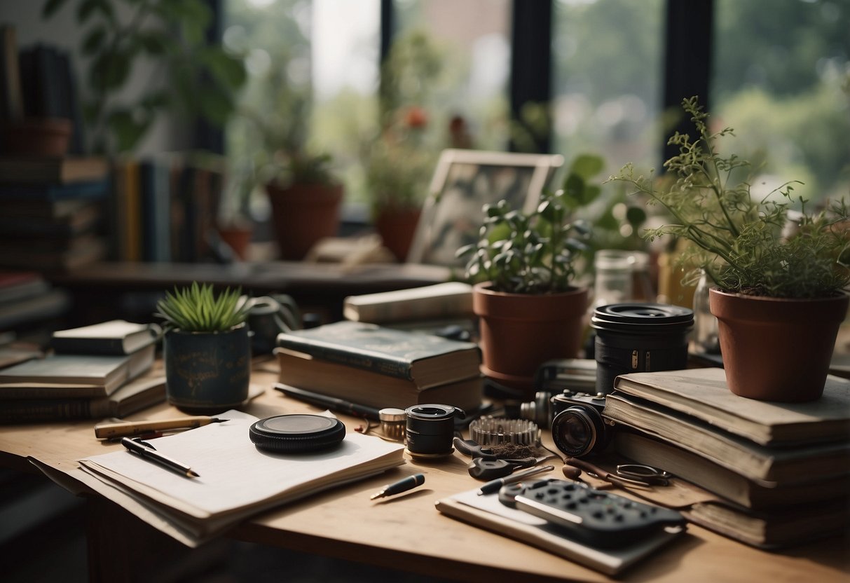 A cluttered desk with neglected art supplies and unfinished projects. Dusty instruments and unread books sit untouched. A neglected garden with wilted plants